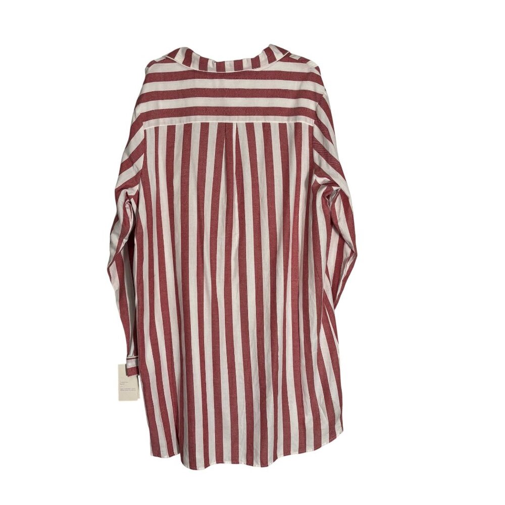 Red & White Striped Button-Down Nightshirt Stars Above Long Sleeves Flannel XL - Picture 4 of 11